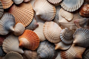 A variety of seashells in different colors - obrazy, fototapety, plakaty