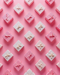 Fototapeta na wymiar valentine gift boxes diagonally arranged in equal regular intervals on a pink background. Photography installations, pastel colors, advertising-inspired. Love and women's day background