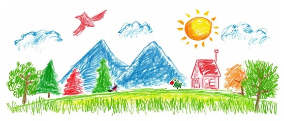 A naive children's drawing with colored chalk on white paper, made by hand by a child, shows a mountain, a sun, birds and a house isolated on white background - obrazy, fototapety, plakaty