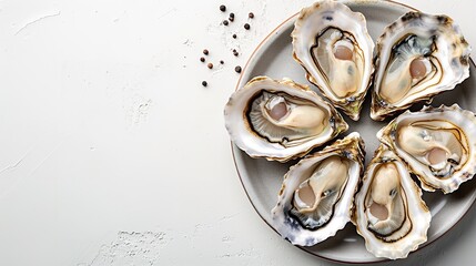Top view of a plate of raw oyster with a big copy space, Generative AI. - obrazy, fototapety, plakaty