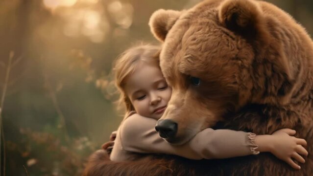 Beautiful little girl hug wild brown bear at forest. Animal love concept. Pretty child smile. Kind fairy tale. Sweet friendship. Fluffy teddy friend. Cute kid walk wood.