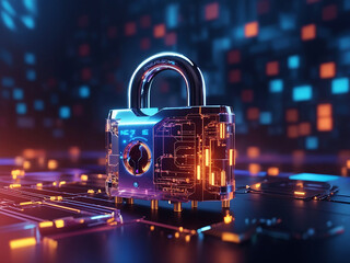 Padlock over glowing abstract electronic circuit background design, wide banner - cyber security concept 3D Render design.