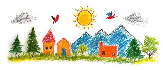 A naive children's drawing with colored chalk on white paper, made by hand by a child, shows a mountain, a sun, birds and a house isolated on white background