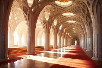 Fototapeta premium Sunlit ornate Mosque hallway with intricate designs and red carpet