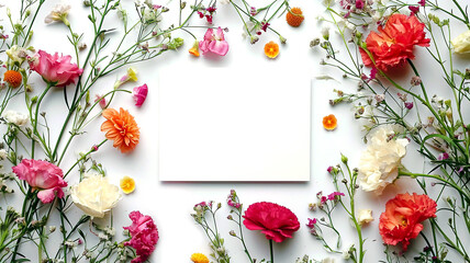 Floral arrangement with white empty square paper in the center on a white background. Beautiful carnations and wild flowers on white. Branding mockup. The concept of holiday promotions, presentations.