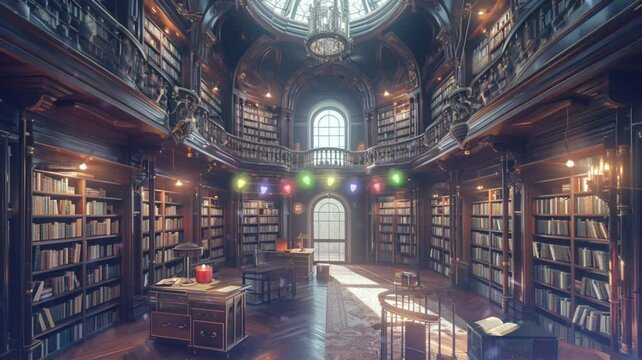 library with books that contain entire worlds within their pages, seamless looping video background animation