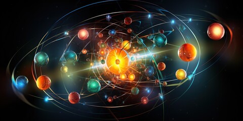 Abstract representation of subatomic particles such as electrons and protons in bright hues, concept of Quantum mechanics