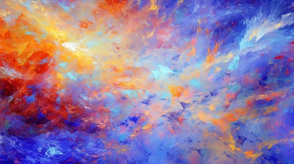 Foto auf Acrylglas Gemixte farben Abstract Blue, Orange, and Red Impressionist Oil Painting Texture Background with Fiery Splashes and Serene Clouds