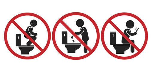 Bundle set of isolated prohibition rest room sign, do not sit squat on top of WC, no littering on toilet, no cellphone on restroom - obrazy, fototapety, plakaty