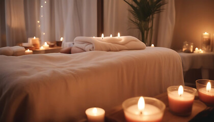 Beautiful spa composition with candles and towel on bed in room, closeup. Generative AI
