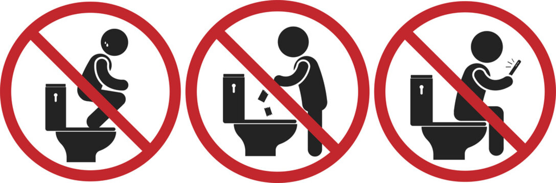 Bundle set of isolated prohibition rest room sign, do not sit squat on top of WC, no littering on toilet, no cellphone on restroom
