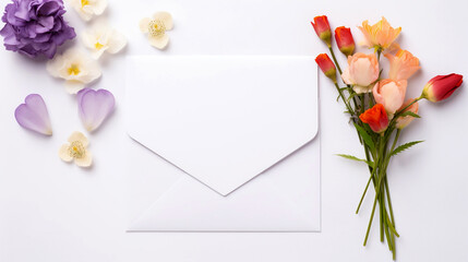 White envelope on the background of flowers and delicate lilac petals. Holiday greeting card, love letter design in 90s style. White blank greeting card on the white background with colorful flowers.