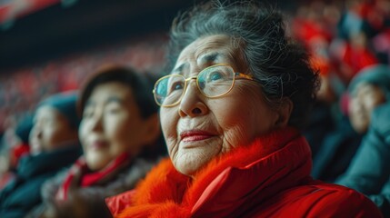 Fototapeta na wymiar Focus on serious senior chinese woman sitting on crowded tribune, watching football match and cheering up favorite national team.