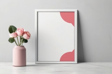  Close up of Blank picture frame mockup against pink background mockup with flower plant, vase poster mockup 

