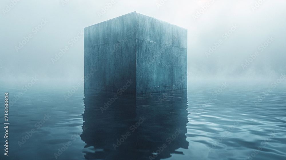 Poster an illustration of a small, blue cube floating in an endless, grey void, representing solitude and c