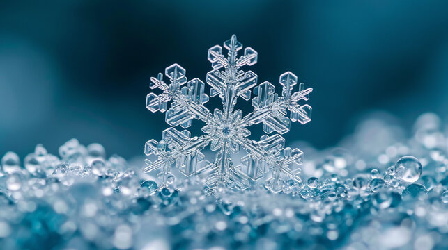 An image of a single, perfectly symmetrical snowflake against an icy blue backdrop,