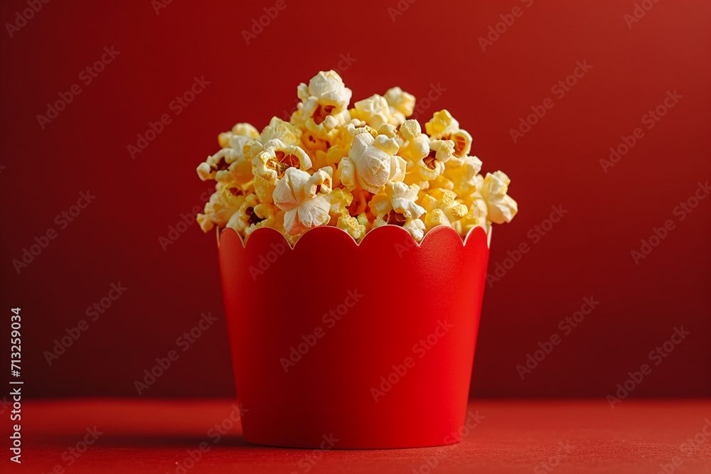 Poster an image of a single, bright yellow piece of popcorn on a deep red background, creating a stark cont