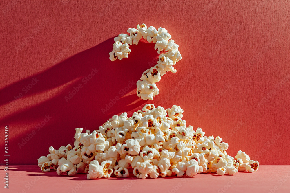 Leinwandbilder a minimalist scene of a popcorn piece casting a shadow that forms a question mark on a simple backgr
