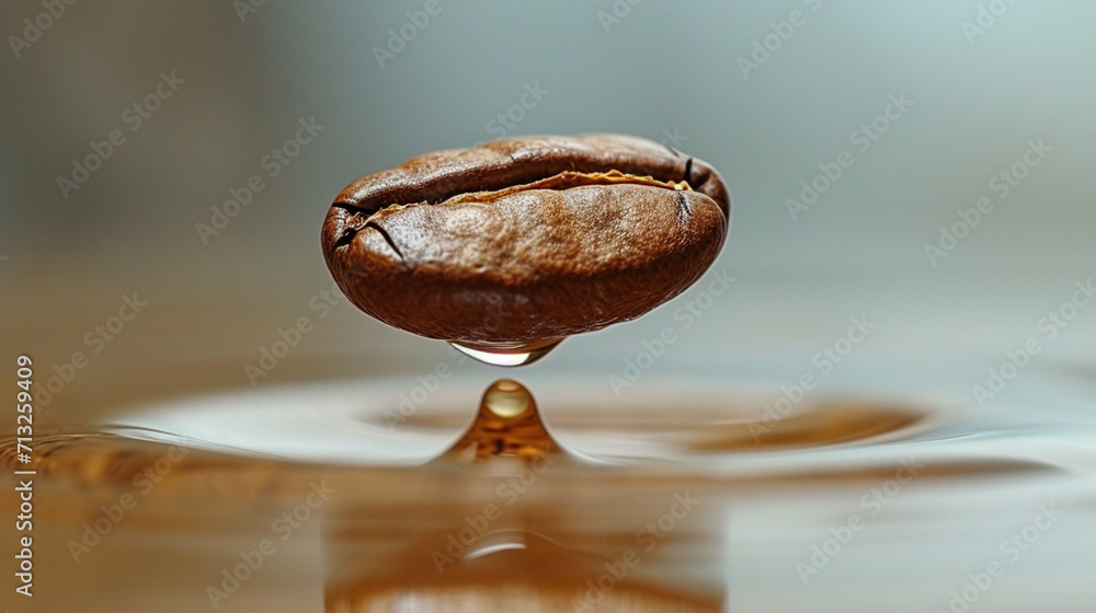 Poster a minimalist scene with a coffee bean floating above a small puddle, creating a reflective effect,