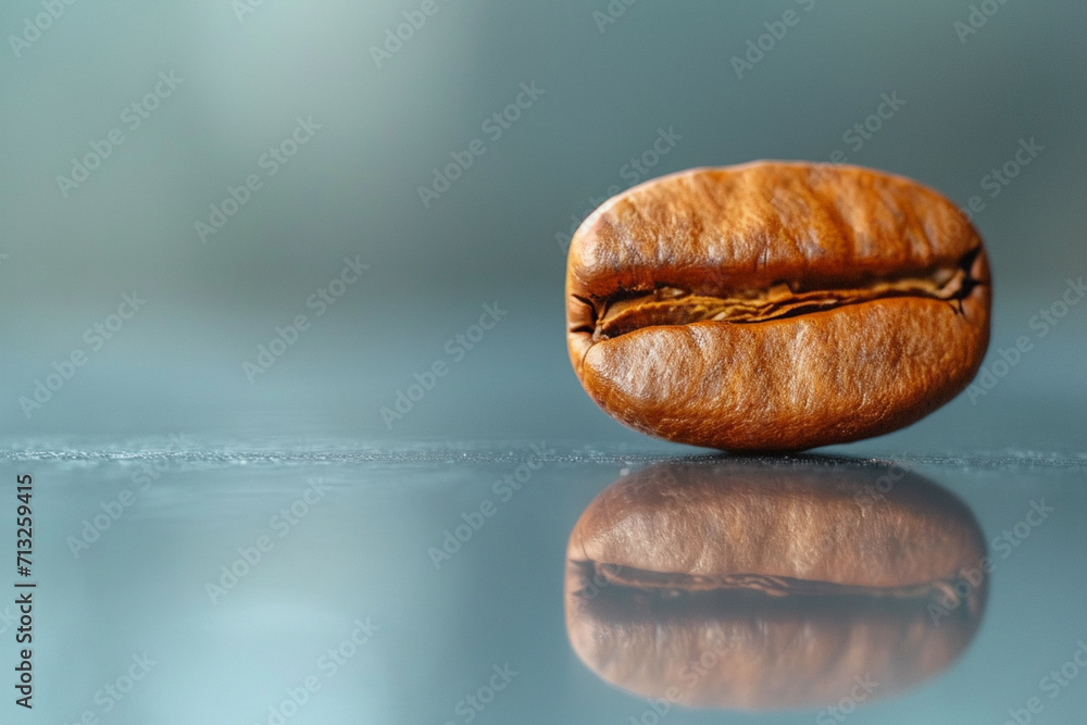Poster a minimalist portrayal of a single coffee bean on a reflective surface, creating a dual-image effect