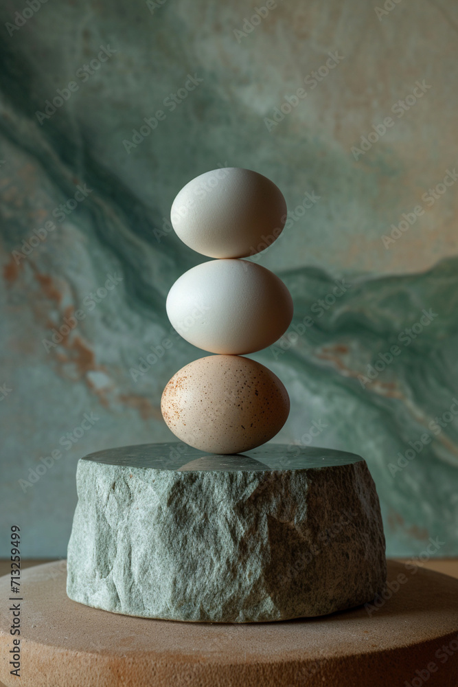 Aufkleber a minimalist scene with eggs arranged to resemble a simplistic landscape on a vast canvas,