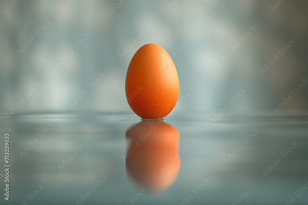 Poster a minimalist portrayal of a single egg on a reflective surface, creating a dual-image effect,