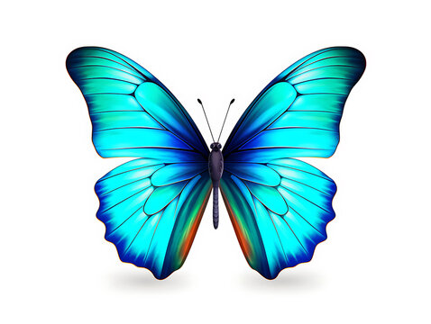 Close-up of a beautiful butterfly from above. The butterfly is a combination of light blue, black, and a hint of orange. Isolated within a white-colored background. Created with Generative AI.