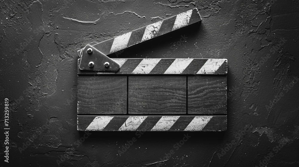 Poster a depiction of a minimalist clapperboard with only one clapstick visible, set against a monochromati