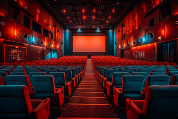 A depiction of an isolated cinema screen in a large, empty room, emphasizing the power of storytelling,