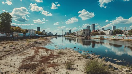 Fototapety  City of Berlin landscape panorama as heavily drought, dry Sprea river, a desert city. Global Warming, climate change drought in the main capital of Europe