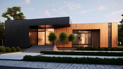 Fototapeta na wymiar Modern luxury minimalist cubic house, villa with wooden cladding and black panel walls and landscaping design front yard. Residential architecture exterior.