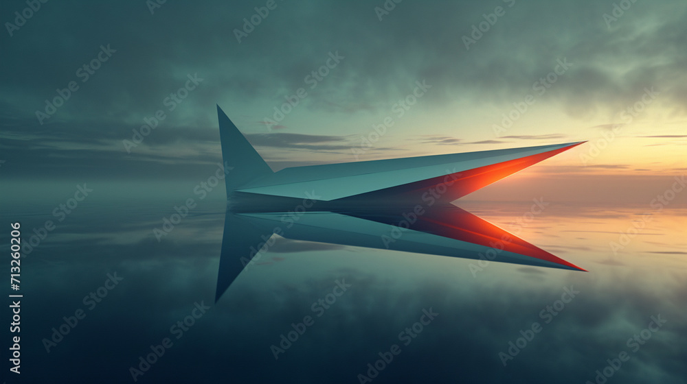 Poster a minimalist portrayal of a paper airplane on a reflective surface, creating a dual-image effect,