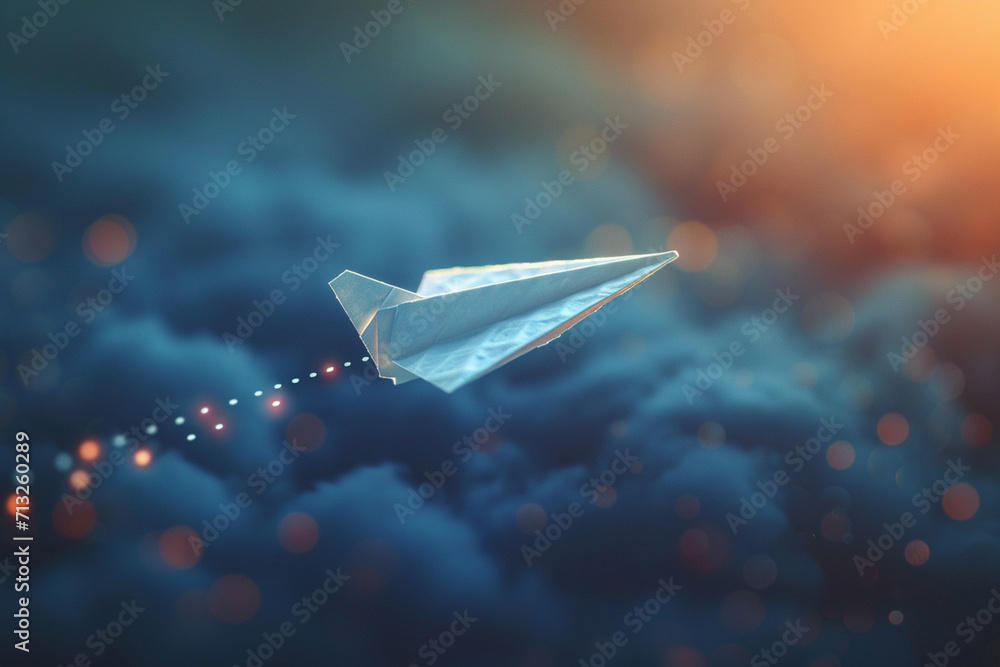 Poster an image of a paper airplane, with its path marked by a dotted line on a simple background,