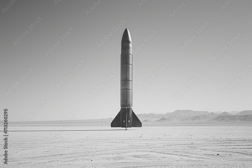 Poster an image of a single, sleek rocket silhouette centered on a vast white canvas, symbolizing explorati