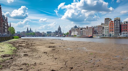 City of Amsterdam landscape panorama as heavily drought, dry Channel river, a desert city. Global Warming, climate change drought in the main capital of Europe