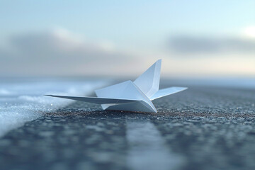 An image of a paper airplane at the end of a minimalist, straight path on a plain surface,