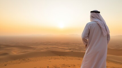 Fototapeta na wymiar Arabic man standing in the desert and looking at the sunset.