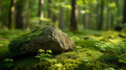 Moss Covered Rock in Middle of Forest, Nature Photography Picture