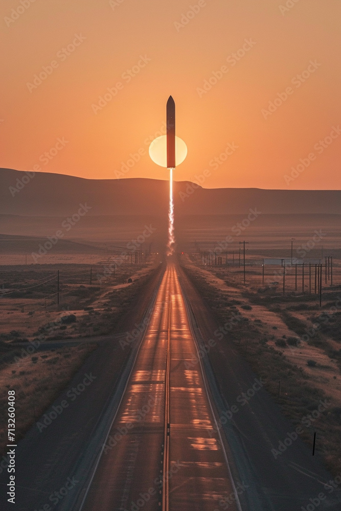 Poster an image of a single rocket positioned as a crucial element in a larger, minimalist abstract artwork