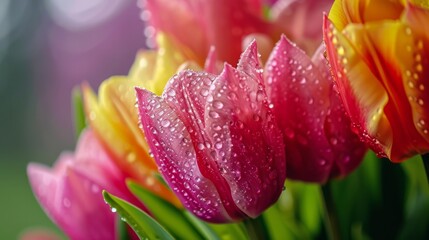 Glistening Water Droplets Adorn a Beautiful Bouquet of Tulips