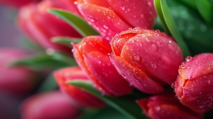 Beautiful Red Tulips With Water Droplets - Fresh and Vibrant Flower Garden
