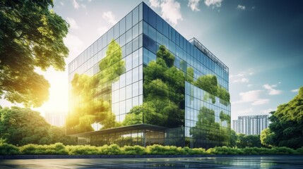 Ecology Concept : Eco-friendly building in the modern city. Sustainable glass office building with tree for reducing carbon dioxide - obrazy, fototapety, plakaty