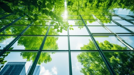 Office window view with reflection of green tree environment