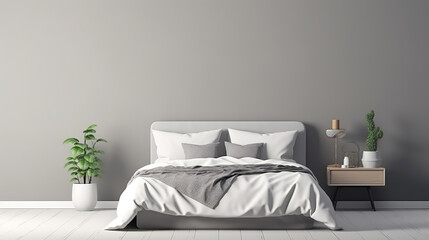 Interior of a modern spacious bedroom with gray walls, wooden floors and a comfortable double bed. 3d rendering. White wooden floor. Decorative indoor plants and a table lamp on the bedside table. 