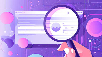 hand with magnifying glass analyzing data on document.