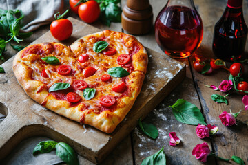 homemade italian pizza in heart shape for valentines day romantic date love with natural dark wood utensil background in editorial magazine look with salami basil  - obrazy, fototapety, plakaty