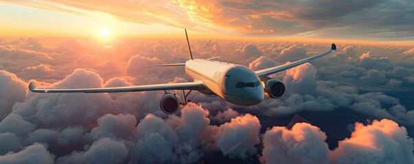 Travel sky with sun setting on airplane aviation capturing sunset and sunrise high in air flight plane airliner speed fly aircraft business commercial jet