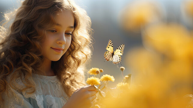 Fototapeta Cute little girl with butterfly on dandelion field