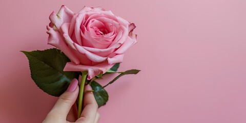 Female hand holding a pink rose on a pink background with copy space