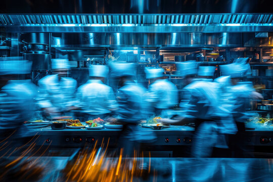 A busy and stressful kitchen environment with over worked chefs